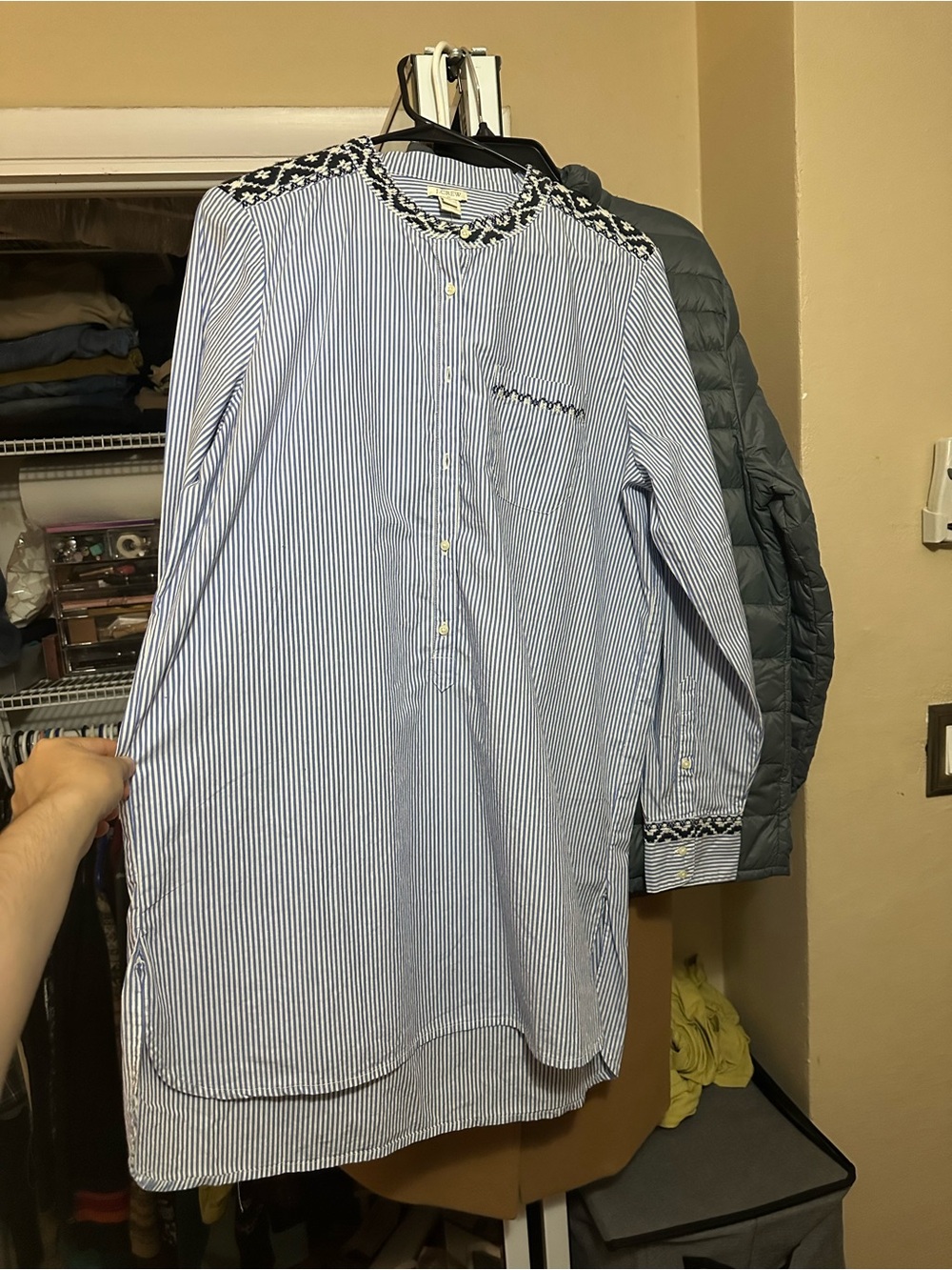 JCREW NWT Striped Blue & White Long-Sleeve long tunic w embroidered trim